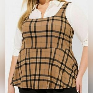 Torrid Ponte Squareneck Peplum Top Root Beer Plaid - 2X